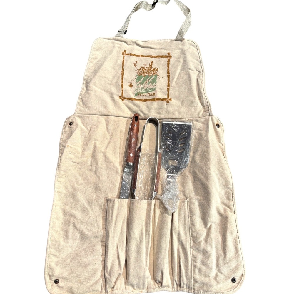 Tommy Bahama Grill Team BBQ Apron Set Canvas Hula Girl Graphic with Tools 4pc